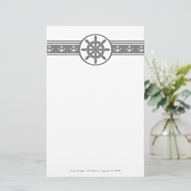 Gray Ships Wheel Personalized Stationery (Standing Front)