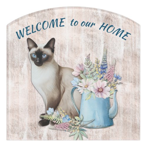 Gray Siamese Cat and Flower Pot Welcome Door Sign