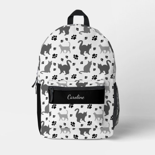 Gray Silhouette Cats Pawprints Pattern Printed Backpack