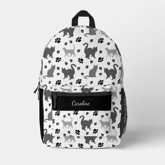 Gray Silhouette Cats Pawprints Pattern Printed Backpack (Front)