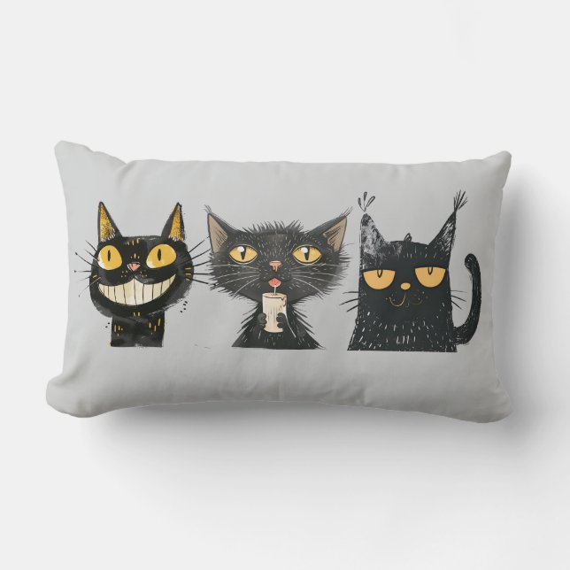 Gray Silly Cat Trio Lumbar Pillow (Front)