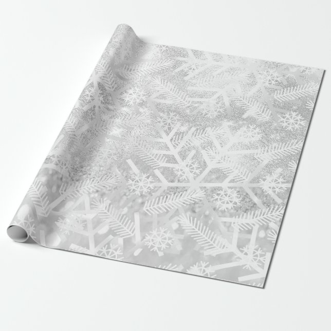 Gray Silve Glitter Christmas Holiday Snowflake Joy Wrapping Paper (Unrolled)