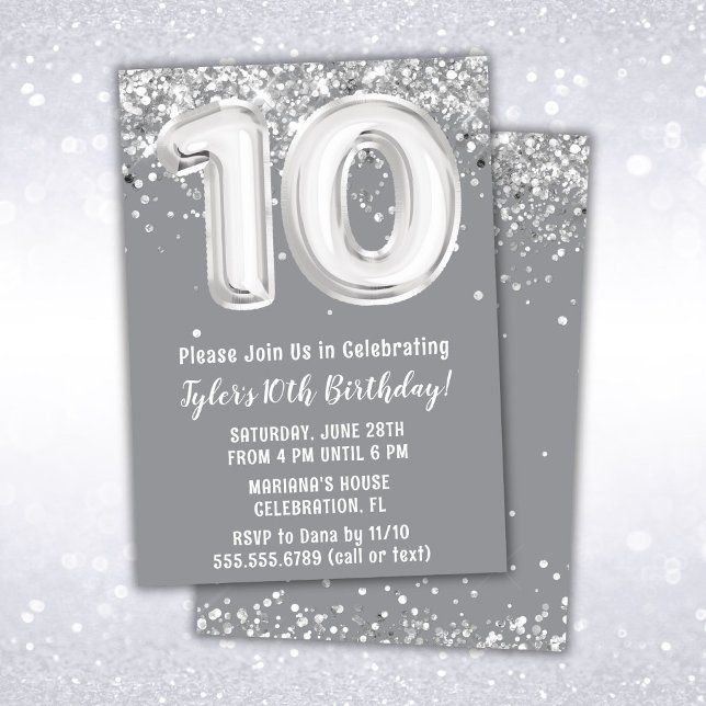 Gray Silver 10th Birthday Party Invitation (Creator Uploaded)