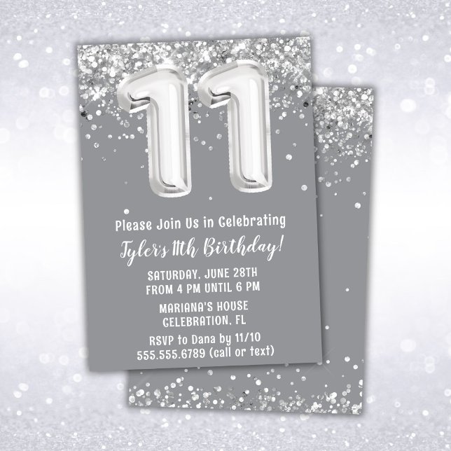Gray Silver 11th Birthday Party Invitation (Creator Uploaded)