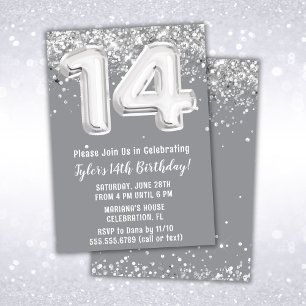Gray Silver 14th Birthday Party Invitation