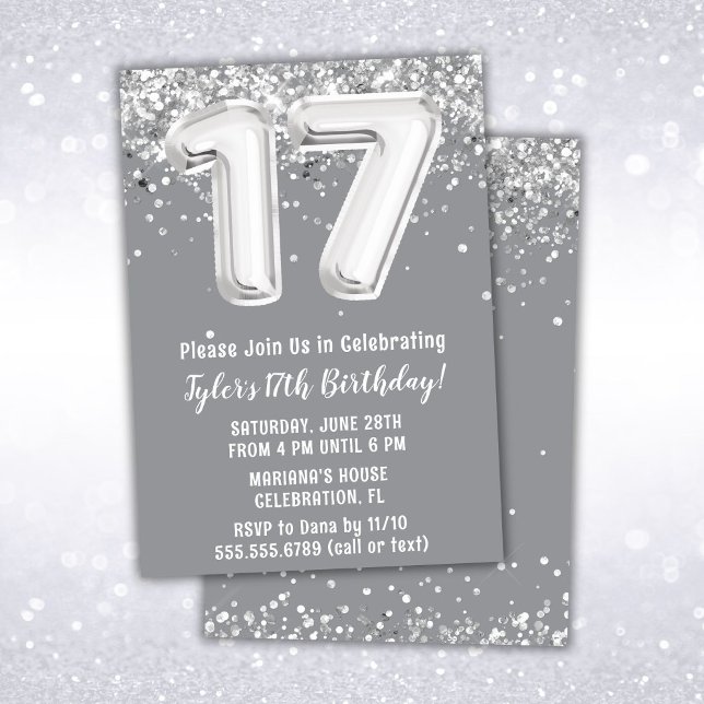Gray Silver 17th Birthday Party Invitation (Creator Uploaded)