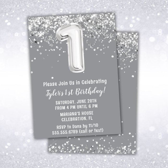 Gray Silver 1st Birthday Party Invitation (Creator Uploaded)
