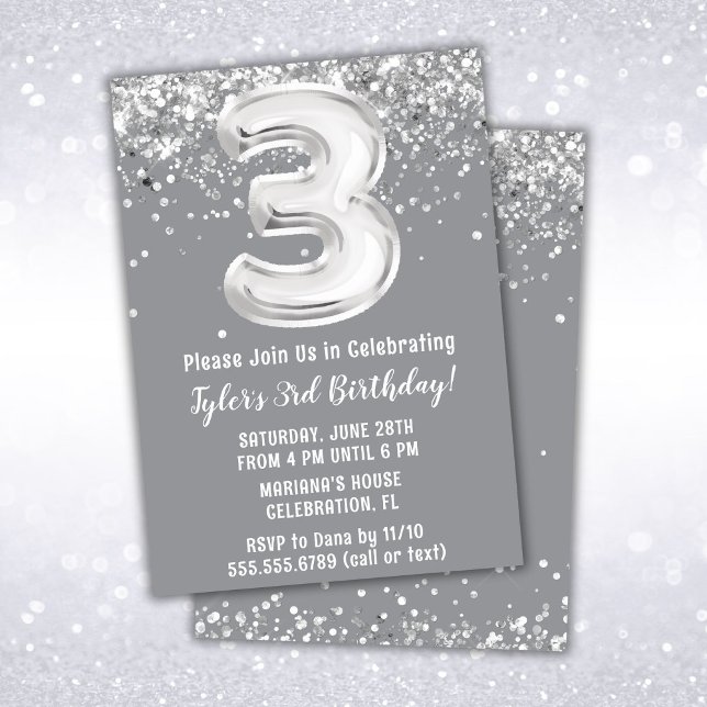 Gray Silver 3rd Birthday Party Invitation (Creator Uploaded)