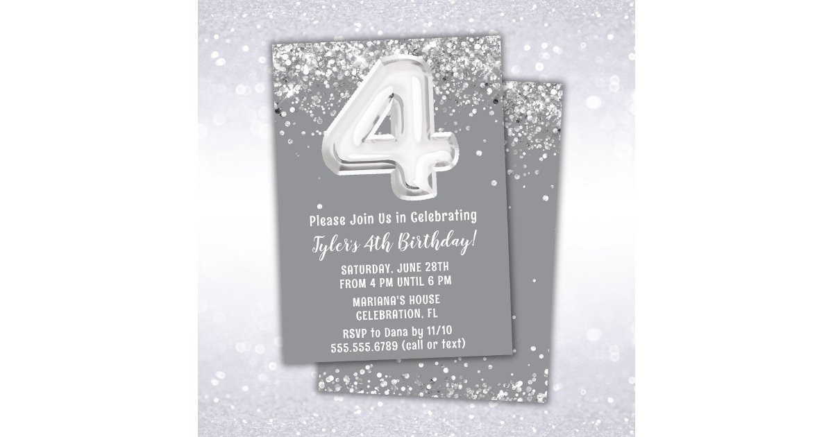 4th Silver Gray Silver 4th Birthday Party Invitation | Zazzle