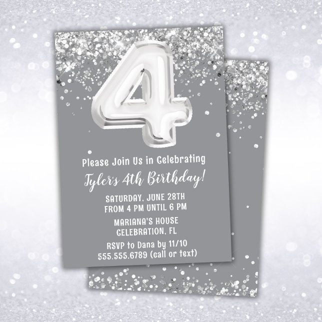 Gray Silver 4th Birthday Party Invitation (Creator Uploaded)