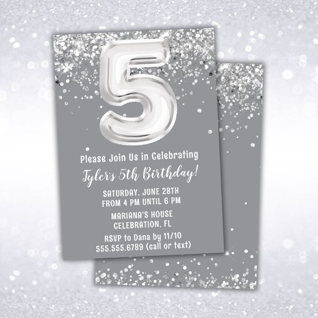 Gray Silver 5th Birthday Party Invitation (Creator Uploaded)