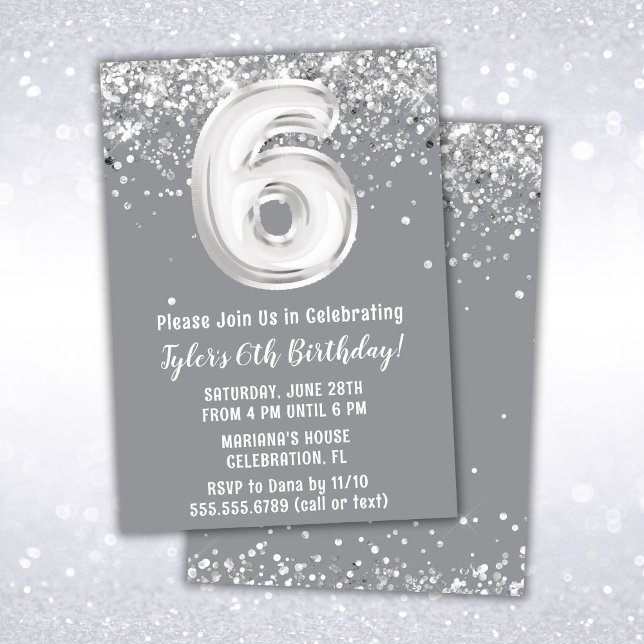 Gray Silver 6th Birthday Party Invitation (Creator Uploaded)