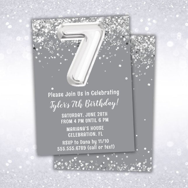 Gray Silver 7th Birthday Party Invitation (Creator Uploaded)