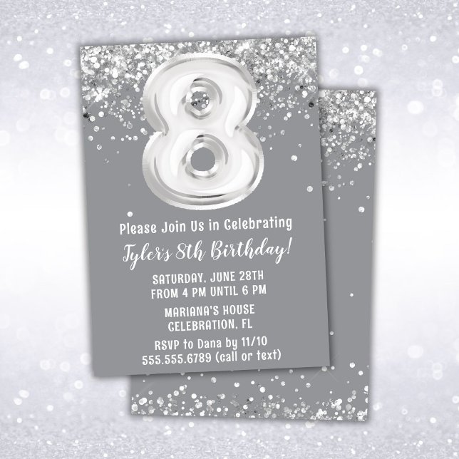 Gray Silver 8th Birthday Party Invitation (Creator Uploaded)