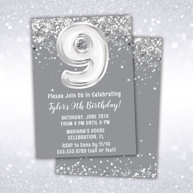 Gray Silver 9th Birthday Party Invitation (Creator Uploaded)