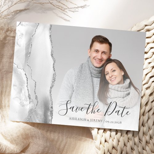 Gray Silver Agate Custom Photo Save the Date Postcard