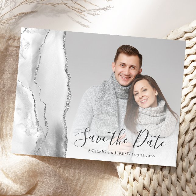 Gray Silver Agate Custom Photo Save the Date Postcard (Creator Uploaded)