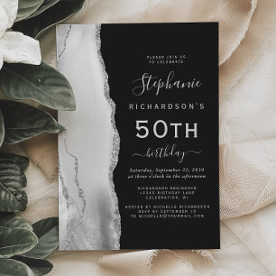 Gray Silver Agate Dark 50th Birthday Invitation