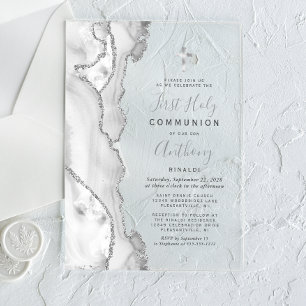 Gray Silver Agate First Holy Communion Acrylic Invitations