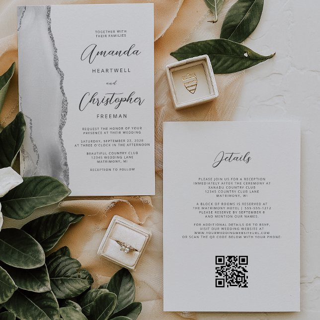 Gray Silver Agate QR Code Wedding Invitation (Creator Uploaded)