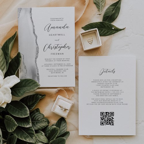 Gray Silver Agate QR Code Wedding Invitation