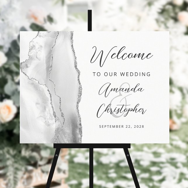 Gray Silver Agate Script Wedding Welcome Foam Board (Creator Uploaded)