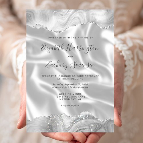 Gray Silver Agate White Silk Wedding Invitation