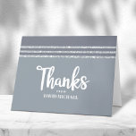 Gray Silver Bar Mitzvah Tallit Modern Bold Script Thank You Card<br><div class="desc">Make sure your favorite Bar Mitzvah shows his appreciation to all who supported his milestone event! Send out this cool, unique, modern, personalized thank you card. Bold, white script typography, Star of David, and a soft gray and silver glitter striped tallit inspired graphic overlay a simple, lighter soft gray background....</div>