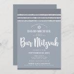 Gray Silver Bar Mitzvah Tallit Simple Modern Bold Invitation<br><div class="desc">Be proud, rejoice and showcase this milestone of your favorite Bar Mitzvah! Send out this cool, unique, modern, personalized invitation for an event to remember. Bold, white script typography, Star of David and a soft gray and silver glitter striped tallit inspired graphic overlay a simple, lighter soft gray background. Personalize...</div>