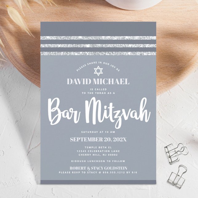 Gray Silver Bar Mitzvah Tallit Simple Modern Bold Invitation (Creator Uploaded)
