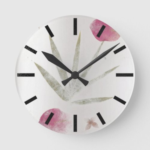 Gray Silver Black Floral Palm Foil Pink Petal Rose Round Clock