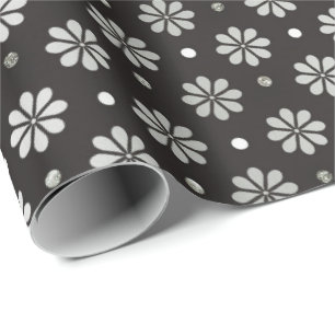 Gray Silver Black Foil Floral Daisy Dots Wrapping Paper