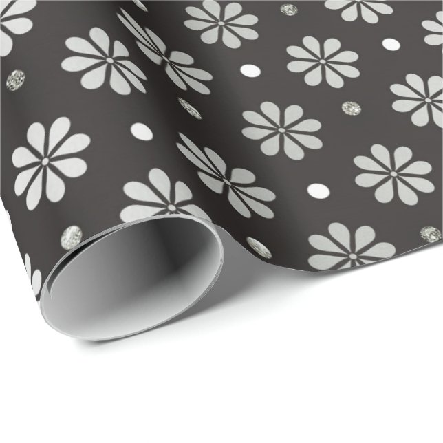 Gray Silver Black Foil  Floral Daisy  Dots Wrapping Paper (Roll Corner)