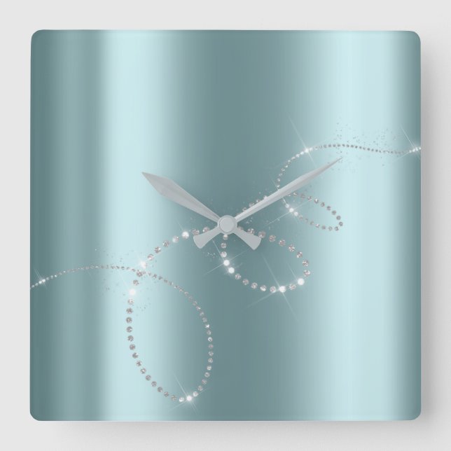 Gray Silver Blue Crystals Infinity Diamonds Square Wall Clock (Front)