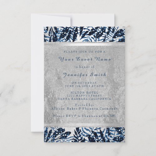 Gray Silver Bridal 16th Blue Navy Palm Tree Tropic Invitation