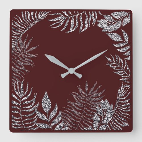 Gray Silver Burgundy Red Palm Botanical Glitter Square Wall Clock