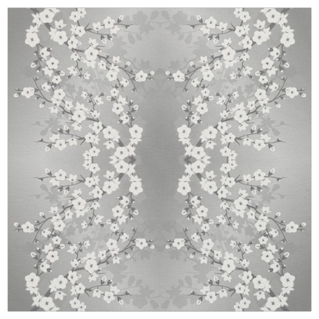 Gray Silver Cherry Blossom Floral Pattern Fabric (Swatch)