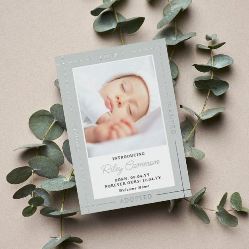 Gray Silver Chosen Loved Introducing Adopted Baby Foil Invitation
