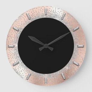 Gray Silver Crystals Black Rose Abstract Elegant Large Clock