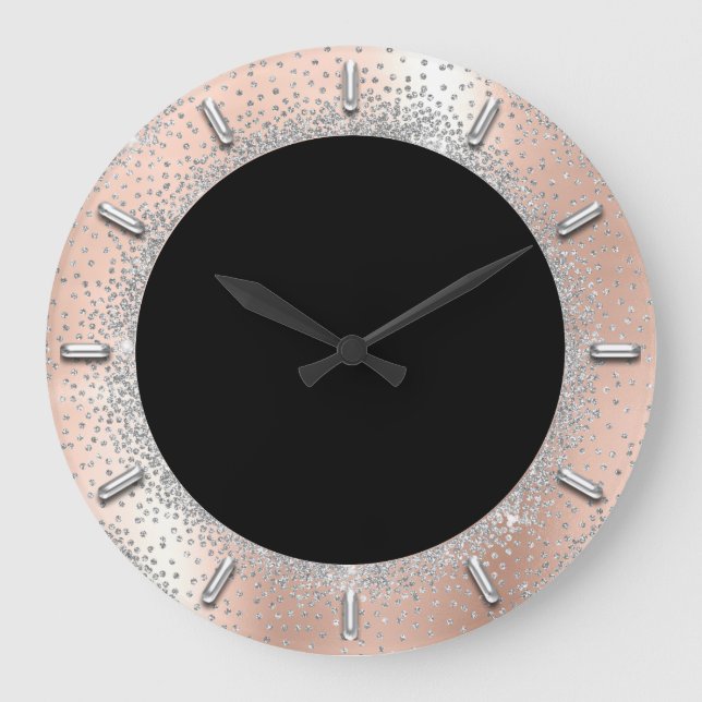 Gray Silver Crystals Black Rose Abstract Elegant Large Clock (Front)