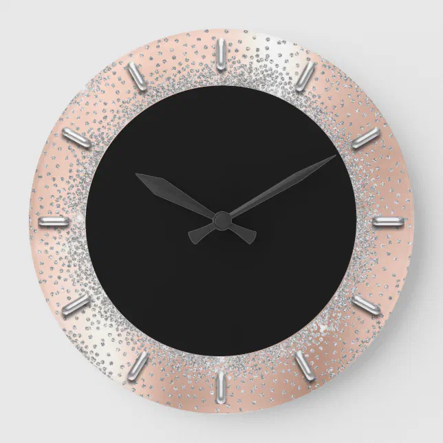 Gray Silver Crystals Black Rose Abstract Elegant Large Clock | Zazzle