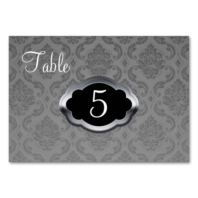 Gray Silver Damask Table Number Card (Front)