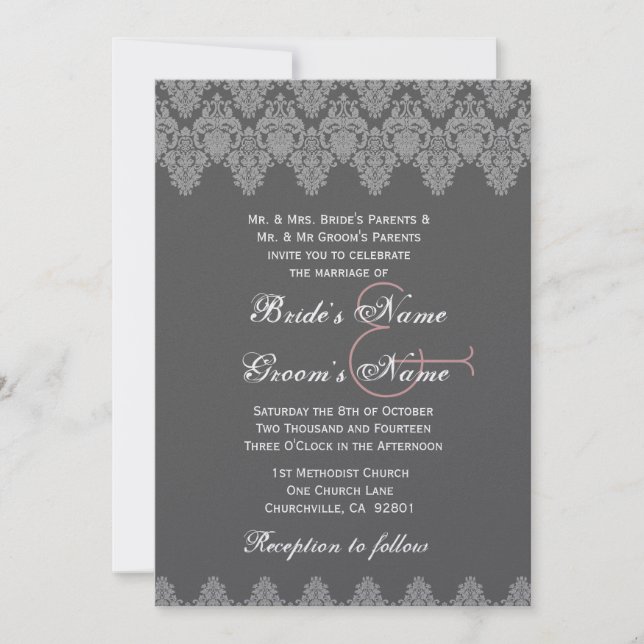 Gray Silver Damask Wedding Premium Metallic Invitation (Front)