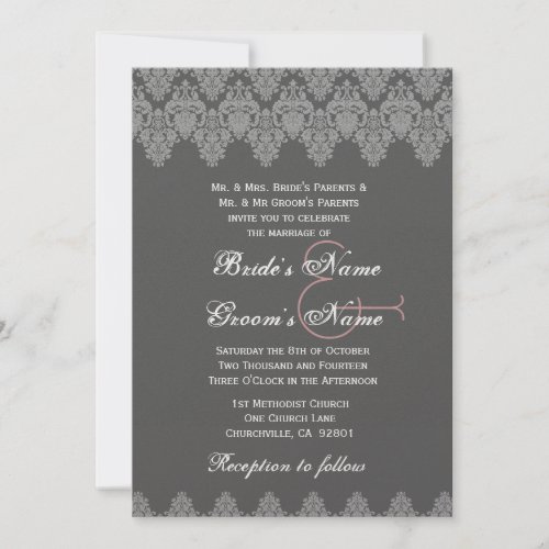 Gray Silver Damask Wedding Premium Metallic Invite