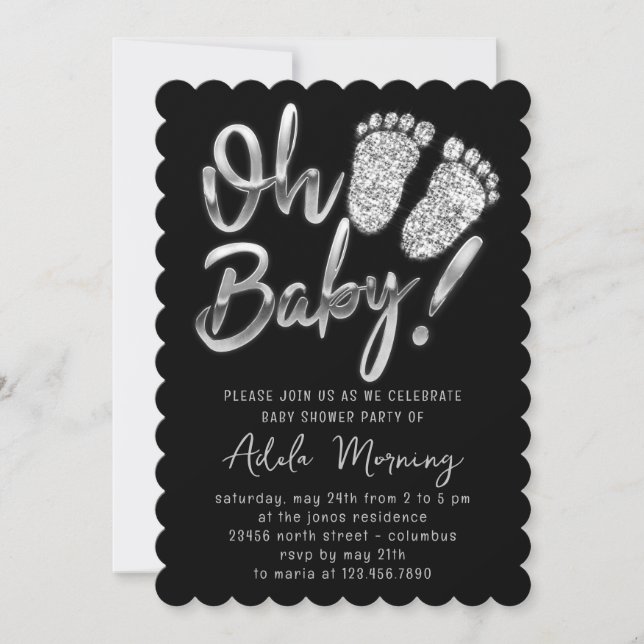 Gray Silver Feet Baby Girl Boy Shower Black Invitation (Front)