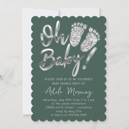 Gray Silver Feet Baby Girl Boy Shower Green Invitation