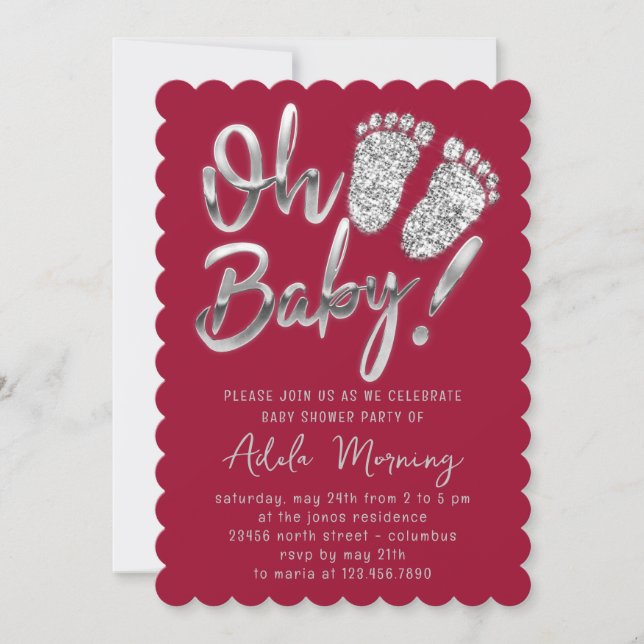 Gray Silver Feet Baby Girl Boy Shower Red Berry Invitation (Front)