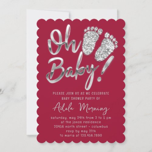 Gray Silver Feet Baby Girl Boy Shower Red Berry Invitation