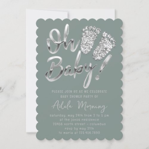 Gray Silver Feet Baby Girl Boy Shower Smoky Green  Invitation