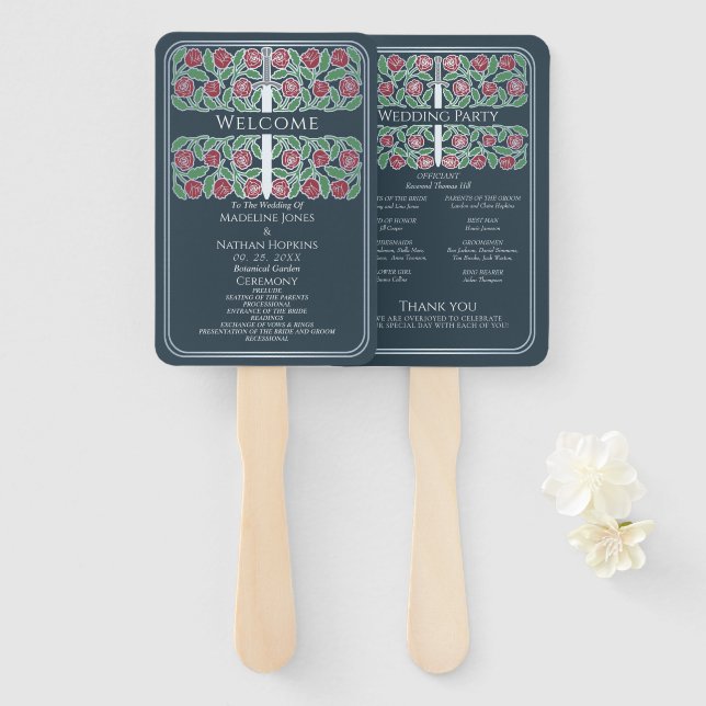 Gray Silver Floral Sword Royal Wedding Program Hand Fan (Front and Back)